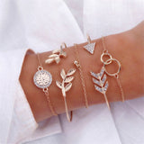 Crystal Leaves Geometric Chain Gold Bracelet Set