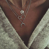 Retro Moon World Map Circle Pendant Multilayer Gold Colodr Necklace