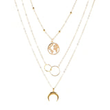 Retro Moon World Map Circle Pendant Multilayer Gold Colodr Necklace