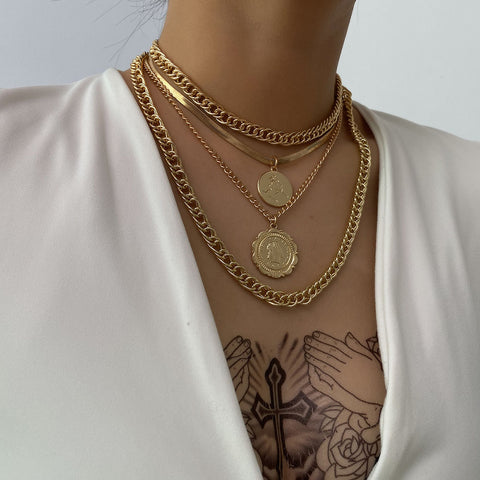 Multilevel Gold Silver Color Human Head Coin Pendant Necklaces